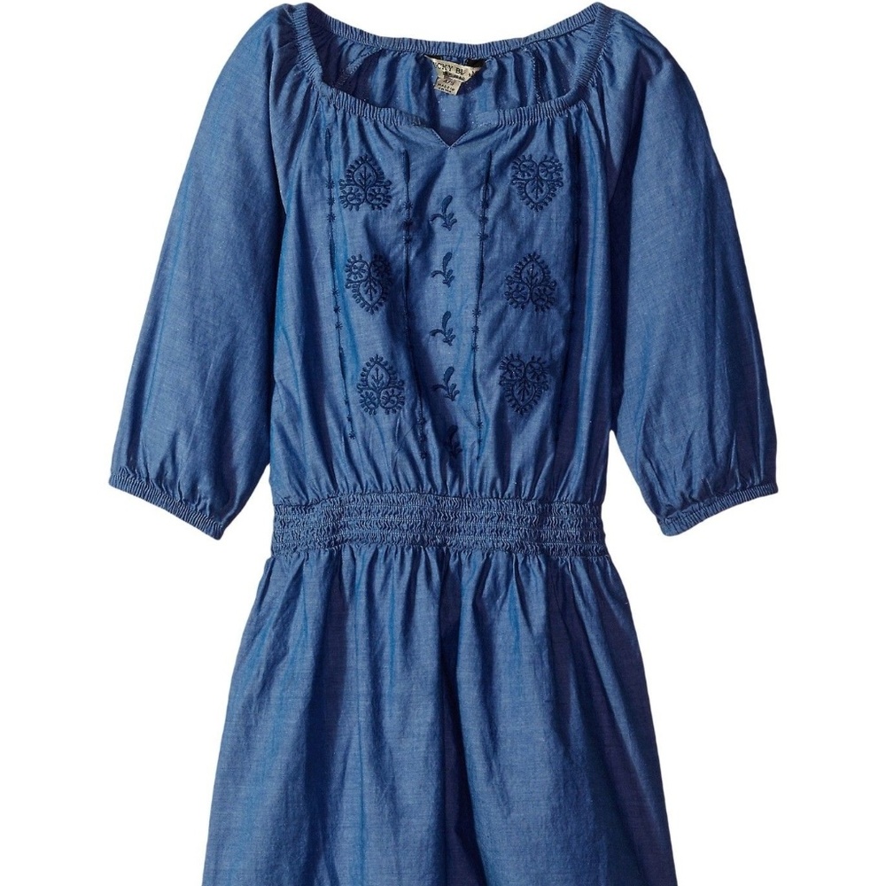 Lucky Brand Girls Chambray Smocked Suki Denim Peasant Dress XL 16 New